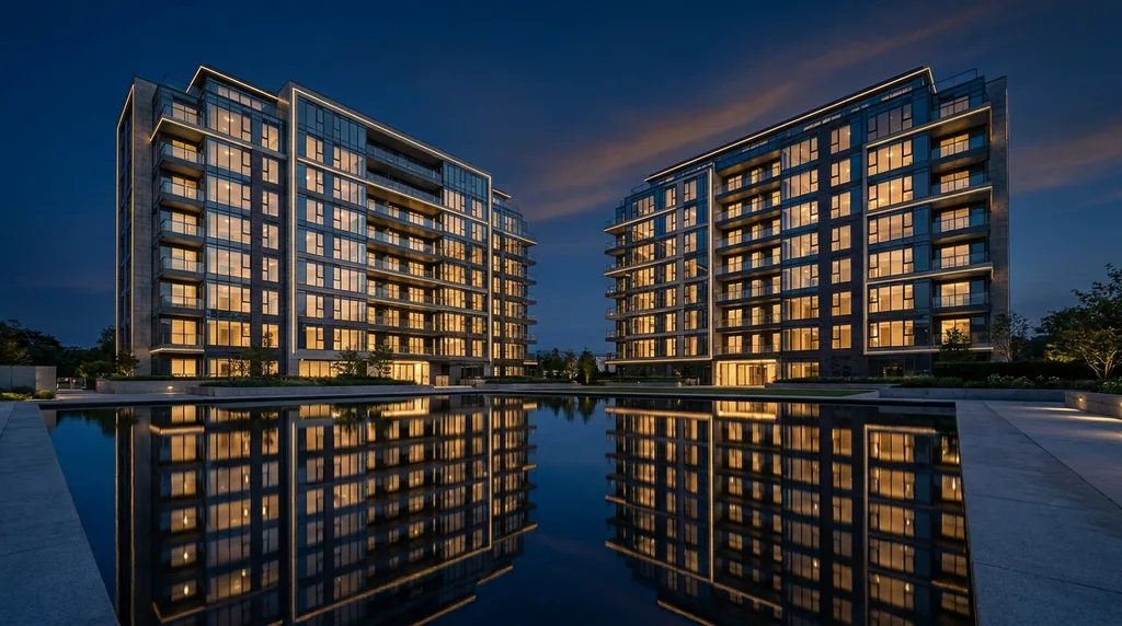 Twin residential blocks lit at blue hour over a still reflecting pool — representative architectural imagery, not an ACE Arte render